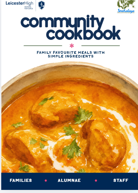 Community Cookbook artwork featuring a family curry and the words family favourite meals with simple ingredients