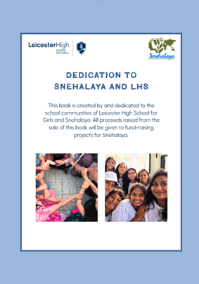 Dedication to Snehalaya and Leicester High School artwork with photographs of food preparation and the Snehalaya community